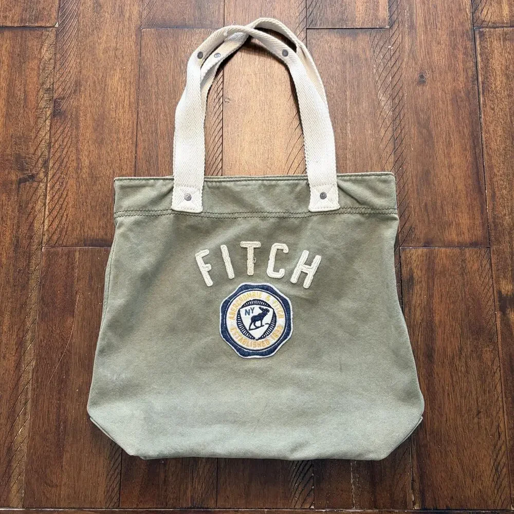 Abercrombie & Fitch Tote Bag Womens Medium Green Canvas Logo Patch Embroidered